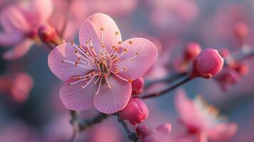 ai genererad stänga upp av rosa blomma på träd foto