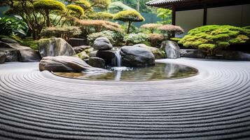 ai genererad en zen trädgård med försiktigt anordnad stenar och strömmande vatten. generativ ai foto
