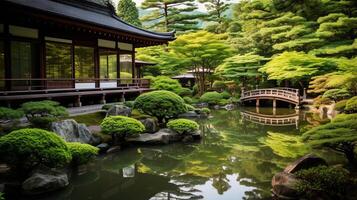 ai genererad en zen tempel trädgård med en damm reflekterande de omgivande skönhet. generativ ai foto