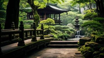 ai genererad en zen tempel omgiven förbi de lugn av natur. generativ ai foto