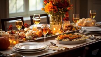 ai genererad en vackert uppsättning tacksägelse middag tabell. generativ ai foto