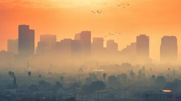 ai genererad förorenad urban horisont med dimmig smog lager. generativ ai foto