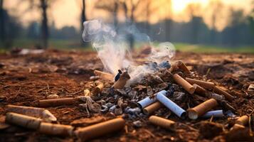 ai genererad kasseras cigarett butts i parkera. generativ ai foto