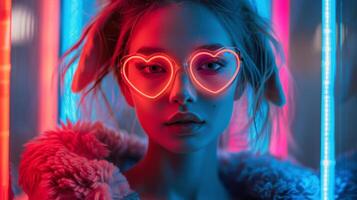 ai genererad kvinna bär hjärta formad glasögon mitt i neon lampor foto