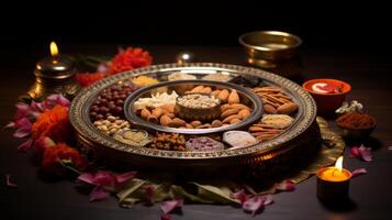 ai genererad diwali puja thali Utsmyckad med helig objekt och traditionell element. generativ ai foto