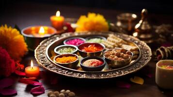 ai genererad diwali puja thali med helig offer och rökelse. generativ ai foto