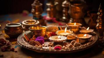 ai genererad diwali puja thali Utsmyckad med helig objekt och traditionell element. generativ ai foto