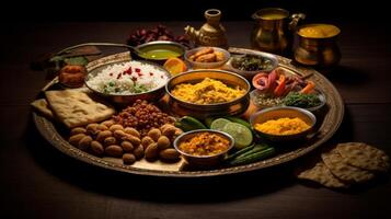 ai genererad diwali thali med traditionell erbjudanden. generativ ai foto