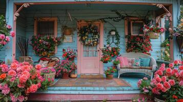 ai genererad blå hus med rosa dörr omgiven förbi blommor foto