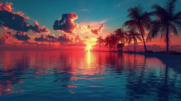 ai genererad fantastisk solnedgång med handflatan träd reflekterande i vatten foto