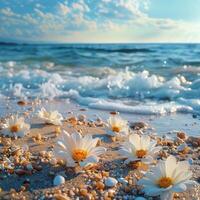 ai genererad vit blommor på sandig strand foto