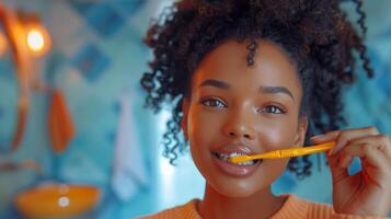ai genererad kvinna pensling tänder med gul tandborste foto