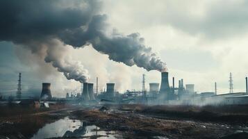 ai genererad förorenad luft i industriell område med fabrik rök. generativ ai foto