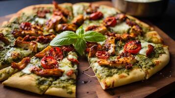 ai genererad en närbild av en pesto kyckling pizza med soltorkad tomater. generativ ai foto