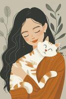ai genererad modern platt illustration Lycklig kvinna och katt illustration foto