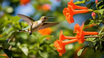 ai genererad kolibri nära trumpet vin. generativ ai foto