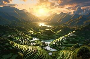 ai genererad ris terrasser i vietnam i de solnedgång foto