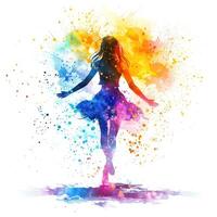 ai genererad dans flicka med färgrik fläckar och stänk vattenfärg illustration. foto