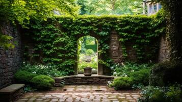 ai genererad en hemlighet trädgård med ett murgröna täckt sten vägg. generativ ai foto