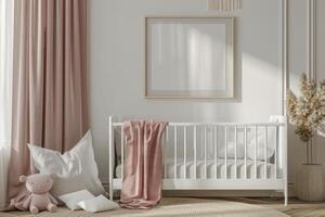 ai genererad babys rum med vit spjälsäng och rosa gardiner foto
