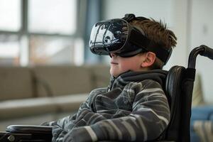 ai genererad pojke i rullstol med virtuell headsetet foto