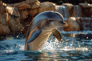 ai genererad delfin Hoppar ut av vatten foto