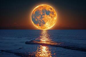 ai genererad full måne stigande över hav med vågor foto