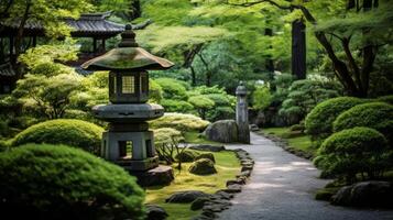 ai genererad en lugn japansk te trädgård med en sten lykta. generativ ai foto