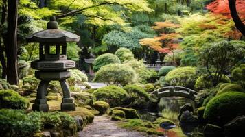 ai genererad lugn japansk te trädgård med sten lykta. generativ ai foto