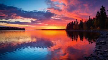 ai genererad skön solnedgång över en sjö med stenar och träd. generativ ai foto