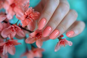 ai genererad kvinnors hand med rosa manikyr innehav knippa av blommor foto