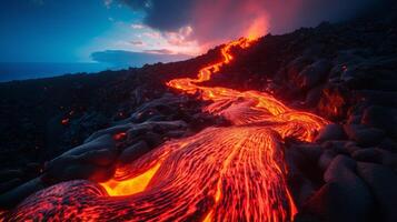 ai genererad lysande lava strömmande ner de sluttningar av en vulkan. generativ ai foto