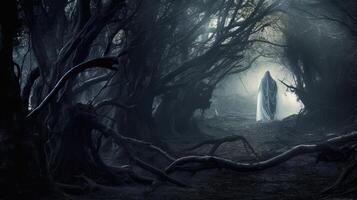 ai genererad person stående i de mitten av en mörk skog. generativ ai foto