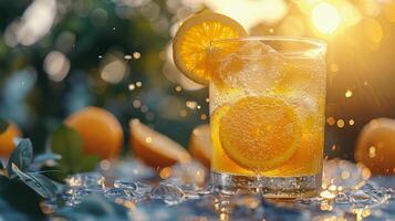 ai genererad orange juice glas med mynta garnering foto