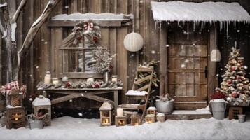 ai genererad rustik vinter- scen med trä- dekorationer och snöig charm. generativ ai foto