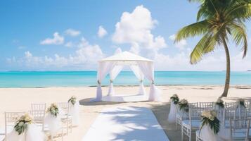 ai genererad tropisk stranden bröllop med handflatan träd. generativ ai foto