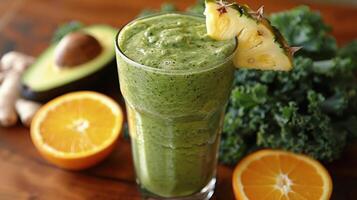 ai genererad glas av grön smoothie med apelsiner och broccoli foto