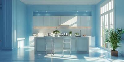 ai genererad modern kök med blå väggar och vit skåp foto