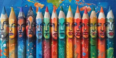 ai genererad grupp av färgad pennor med målad ansikten foto