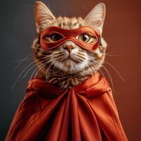 ai genererad katt i röd cape och mask foto