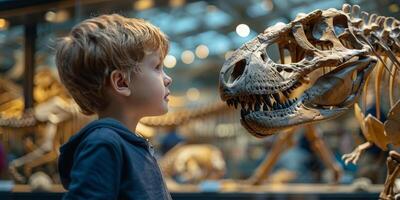 ai genererad ung pojke underverk på dinosaurie skelett i naturlig historia museum foto