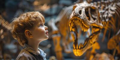 ai genererad ung pojke underverk på dinosaurie skelett i naturlig historia museum foto
