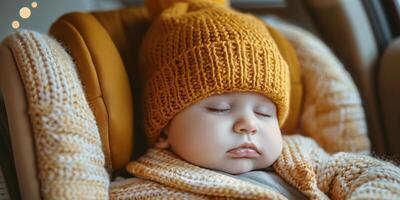 ai genererad bebis sovande i bil sittplats med gul hatt foto