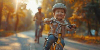 ai genererad ung pojke ridning cykel med äldre man foto