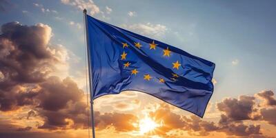 ai genererad europeisk flagga stigande i himmel foto