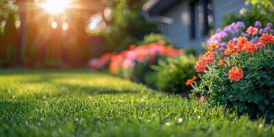 ai genererad rad av blommor i främre av hus foto