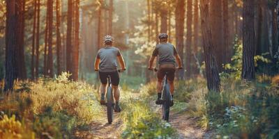 ai genererad par ridning Cyklar genom skog foto