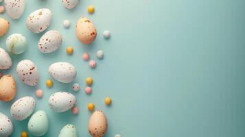 ai genererad en minimalistisk bakgrund med en spridning av delikat pastell påsk ägg och Plats för text foto