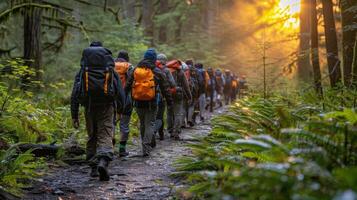 ai genererad grupp av människor gående genom skog foto