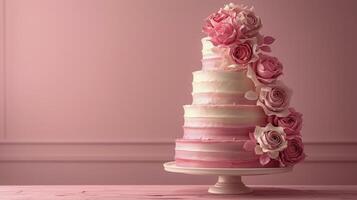 ai genererad tre trött kaka med rosa blommor på topp foto